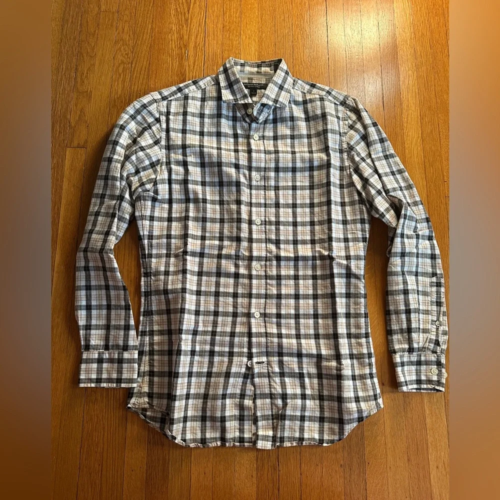 Banana Republic Tan & Cream Plaid Linen & Cotton Tailored Slim Fit Button-Up, S
